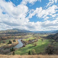 Obraz premium Scenic landscape featuring a river, fields, and mountains under a cloudy sky.