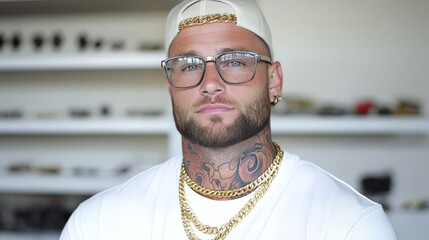 Fashion-forward man with platinum blonde hair oversized glasses and layered gold chains in a sleek urban studio blending edgy streetwear style with an air of luxury and individuality