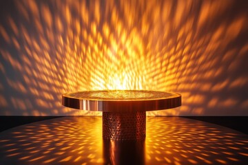 Copper table, warm light, textured surface, radiant pattern.