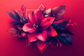 A captivating floral composition highlights a striking red flower surrounded by deep green leaves