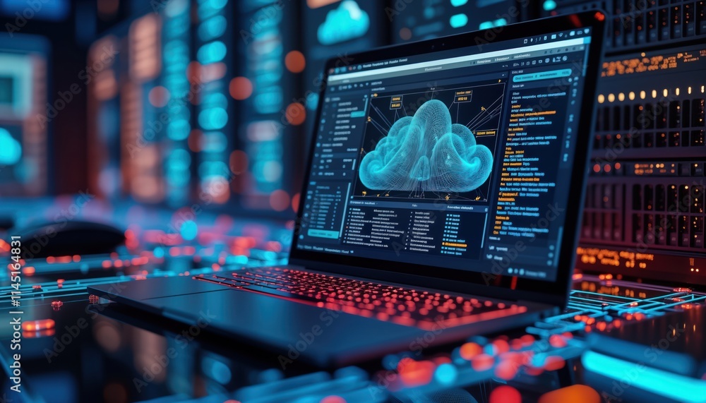 Aufkleber Modern laptop computer displays cloud tech. Serverless tech on hybrid cloud network. Digital infrastructure equipment in background. Futuristic design. Data storage, network connection. Advanced