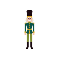 Green Nutcracker Soldier Object. Vector Illustration of Merry Christmas and Happy New Year Holiday Concept. Winter Seasonal Greetings. Flat Style. Isolated over White.