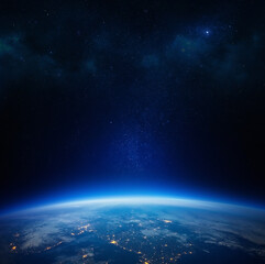 View of the Earth, star and galaxy. Sunrise over planet Earth, view from space. Concept on the...