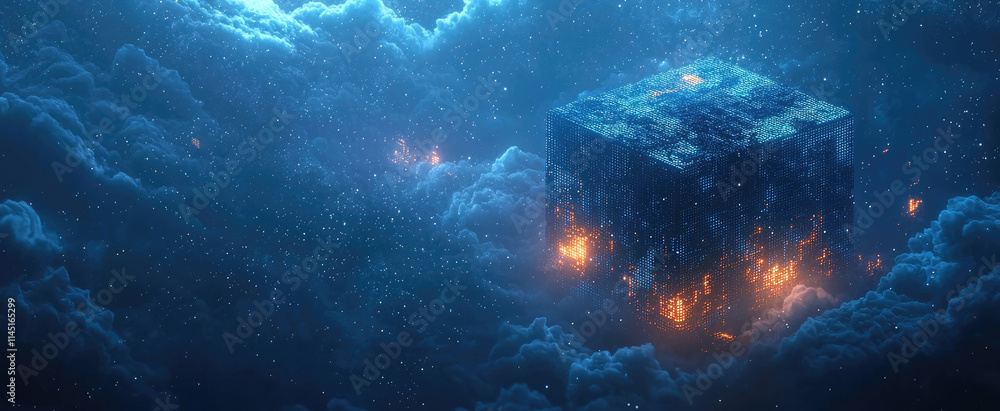 Poster digital data block in dark futuristic cyberspace, blue glowing cube with cyber energy like tech inno