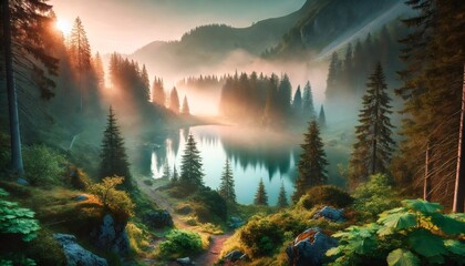 Misty sunrise illuminating a pristine alpine lake surrounded by lush forest