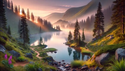 Majestic sunrise illuminating tranquil mountain lake with mist and pine trees