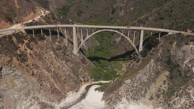 Aerial shot of the Bixby Creek Bridge and rugged coastline along the Pacific Coast Highway in Central California