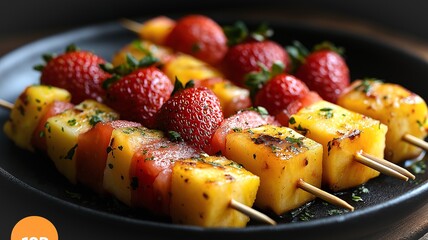 Grilled Pineapple and Strawberry Skewers Served on a Black Plate. Generative AI