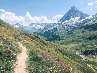 Scenic mountain landscape with a winding path and vibrant wildflowers.