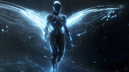 A humanoid with holographic wings and glowing blue lines covering its sleek metallic body hovering in a dark void.