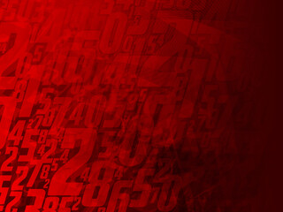 large and small numbers overlapped and blur line curve on gradient red and black background, maths, decor, fashion, business, copy space