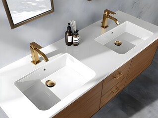 Fototapeta premium Modern double vanity with gold faucets and wooden cabinets.