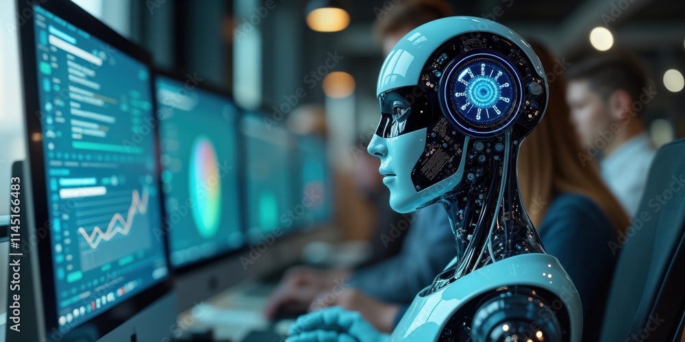 Poster ai virtual assistant interacts with computers. modern tech office setting. person, robot work togeth