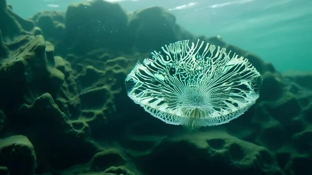 Cassiopea andromeda, the upside-down jellyfish, gracefully pulsates its bell while resting on the seabed