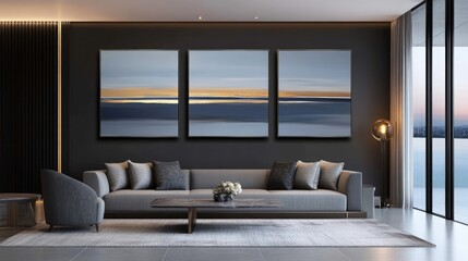 Three-panel abstract wall art in blue and grey tones with golden accents decorates stylish living room, creating a calming atmosphere