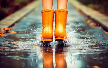 Child's orange rain boots splashing in puddle.