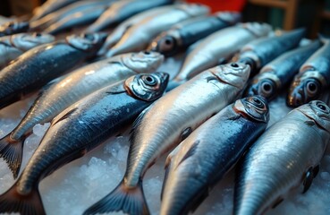 Obraz premium Fresh saltwater fish displayed on ice at market. Seafood is ready for sale. Fish look fresh and healthy. Food is for healthy meal. Market is busy with buyers.