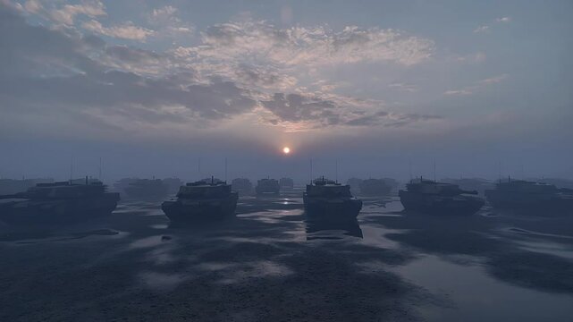 A column of military armored tanks advancing toward the battlefield at dawn, under a misty and dramatic sky.