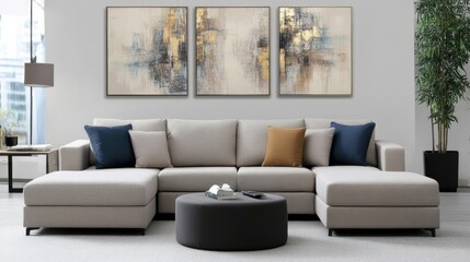 Three-panel abstract wall art in blue and grey tones with golden accents decorates stylish living room, creating a calming atmosphere