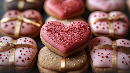 Fototapeta premium Heart shaped Cookies Decorated With Icing and Sprinkles for a Festive Occasion. Generative AI