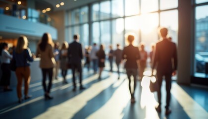 Business event registration area. Attendees check in or register. Many people move about. Office building interior. Sunlight streams through large windows. Professional atmosphere.