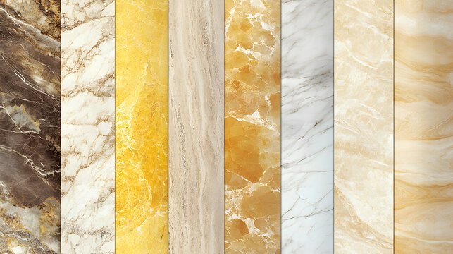 A luxurious material board combining pale wood tones beige patterns polished marble and striking yellow ceramic.