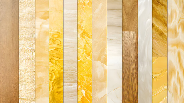 A luxurious material board combining pale wood tones beige patterns polished marble and striking yellow ceramic.