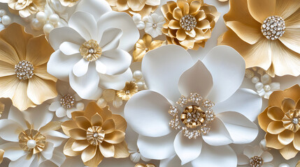 A luxurious paper flower bouquet with gold and white blooms accented by sparkling rhinestones and pearls.