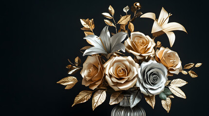 A luxurious paper flower bouquet with gold and white blooms accented by sparkling rhinestones and pearls.