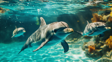 Obraz premium Dolphin animal swimming in blue pool water, playful aquarium resident showcasing marine mammal intelligence, cute fish aquatic creature in tropical setting, sea life.