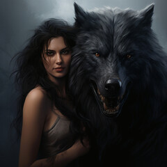 a fierce female warrior next to a giant gray wolf that is her companion.  