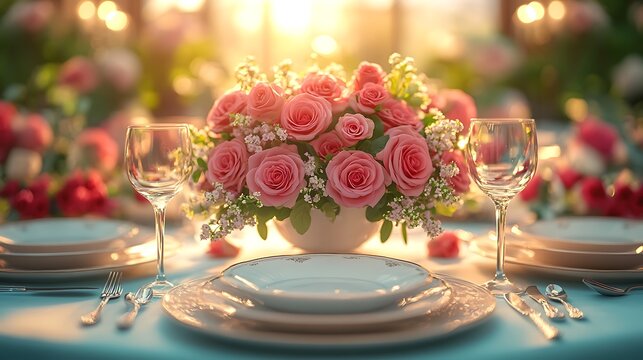 Overhead shot of a luxurious table set with premium porcelain plates polished silverware and artistic plating in a refined sophisticated environment