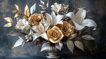 A luxurious paper flower bouquet with gold and white blooms accented by sparkling rhinestones and pearls.