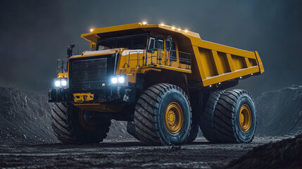 Massive big yellow truck in mining pit, industrial vehicle for heavy duty transportation, machinery designed for excavation work, powerful equipment used in construction sites.