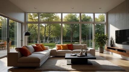 Fototapeta premium Modern living room with large windows overlooking a garden.