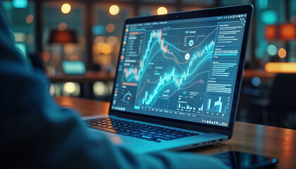 Person working on laptop with complex financial tech charts displayed. Modern tech tools for analysis. Dynamic data visualizations. Person analyzes data in cafe restaurant. Smart devices, cloud