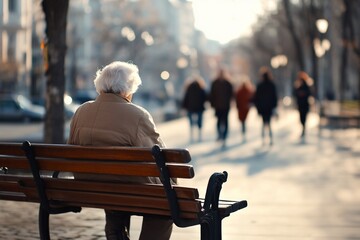 An elderly person sits alone on a bench, observing passersby in a city.