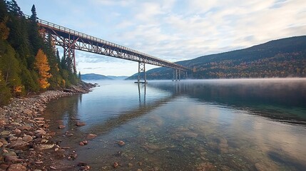 Fototapeta premium Scenic view of a bridge over a calm river surrounded by mountains and trees.