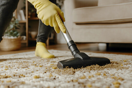Close-up of yellow-gloved hands deep cleaning dirty carpet