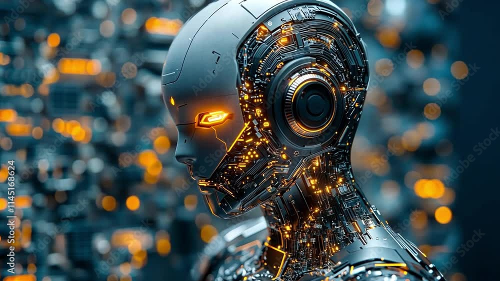 Poster futuristic robot with glowing circuits in a high-tech environment