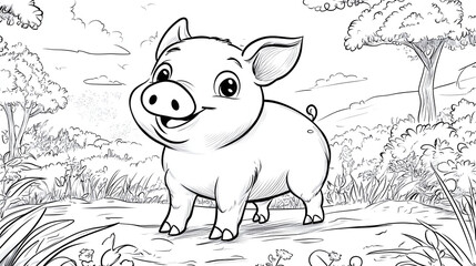 Pig coloring page in book, outline drawing of happy farm animal, nature inspired cartoon character graphic illustration creative expression, black and white design.