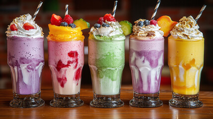 Set of colorful blended fruit milkshakes placed on a wooden table as a refreshing desert drink in the cafe in summer. delicious and tasty cold healthy smoothies.