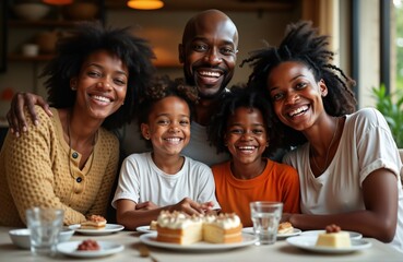 Obraz premium Happy African family enjoys sweet food together at dining table in home dining room. Smiling parents, children gathered around table filled with dessert. Family celebration time. Joyful moment.