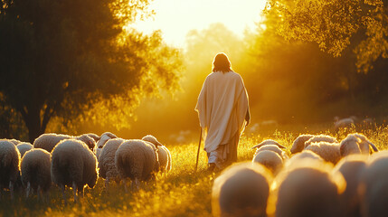 The good shepherd jesus christ leading the sheep on a sunny meadow, messiah, bible, savior.
