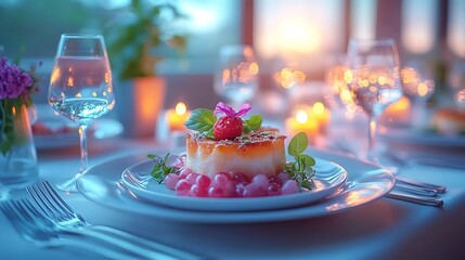 A luxurious table setting featuring premium cutlery crystal glasses and a vibrant plated dish on a white tablecloth