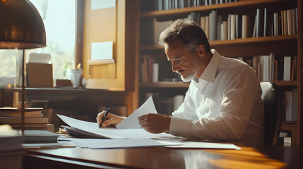 A male notary in a bright office space flipping through legal documents and writing notes on his desk.