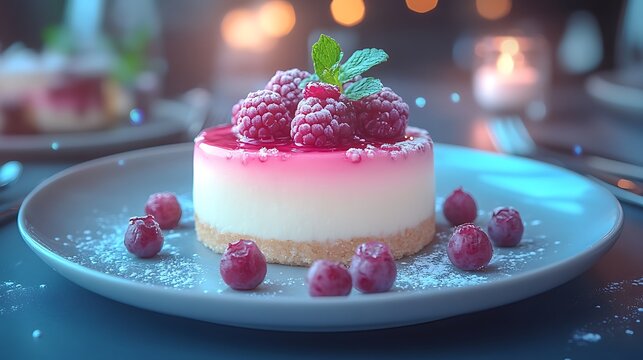 Close-up of a gourmet dessert plated with precision surrounded by elegant tableware on a fine dining table