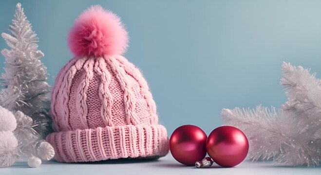 Winter knitted hat and gloves in pink color with shiny silver and red Christmas ornament balls on a pastel blue background Minimal co