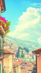 Scenic view of a colorful hillside town with blooming flowers.