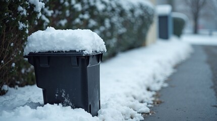 Snow-covered garbage bin on suburban winter street